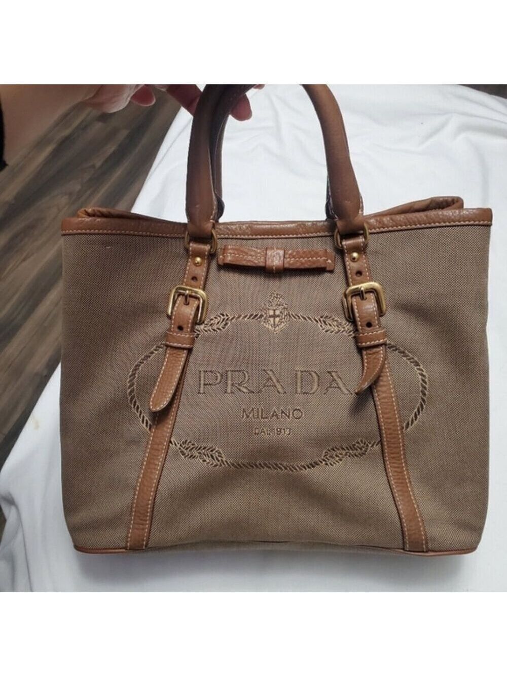 Prada Canvas Brown Vintage Jacquard Top Handle Crossbody Bag